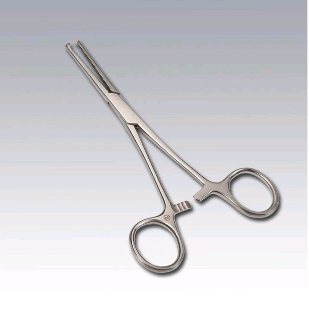 Kocherklemme gerade, 14 cm, Edelstahl, zwei Fingerösen, fein gezahnte Enden