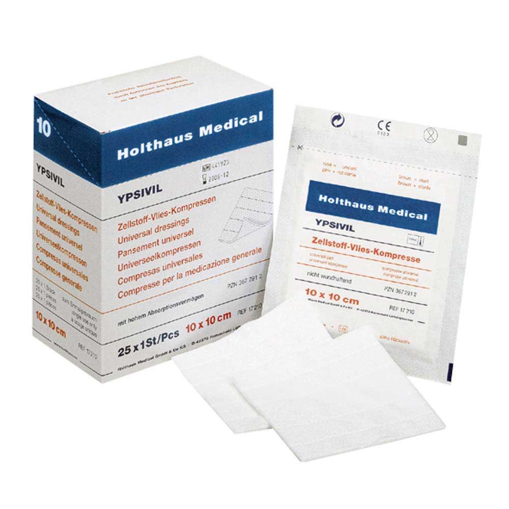 Sterile Zellstoff-Vlieskompresse YPSIVIL, 10×10 cm, in Faltschachtel und Kompressen