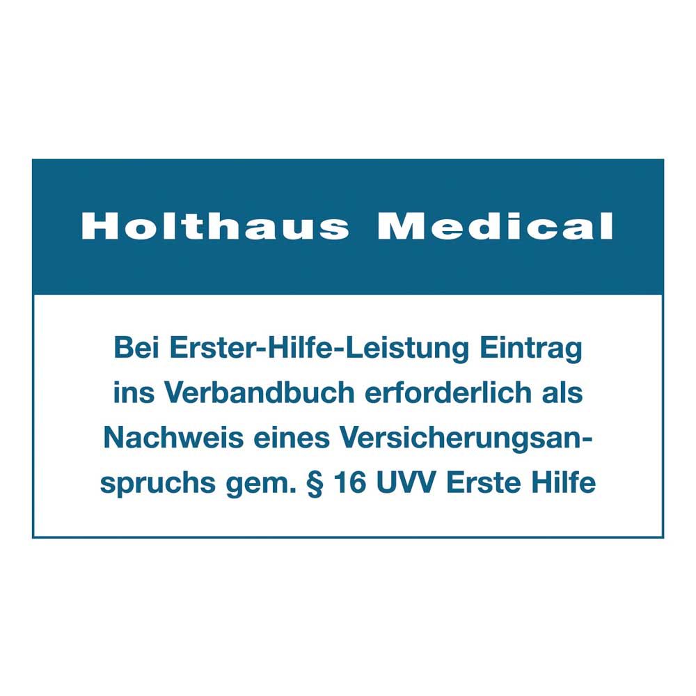 Blauer Aufkleber fürs Verbandbuch mit Text „Bei Erster-Hilfe-Leistung Eintrag…“