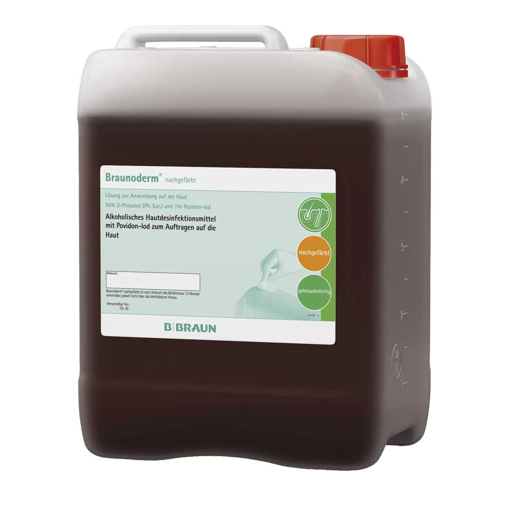 Brauner Kanister B.Braun Braunoderm® Hautdesinfektion nachgefärbt mit Etikett