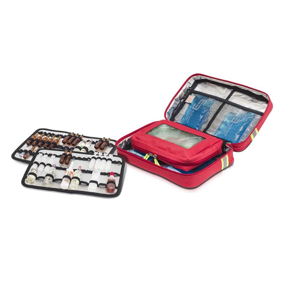 Rote Thermo-Tasche geöffnet mit Tabletts für Ampullen und Einsatzfach mit Deckel
