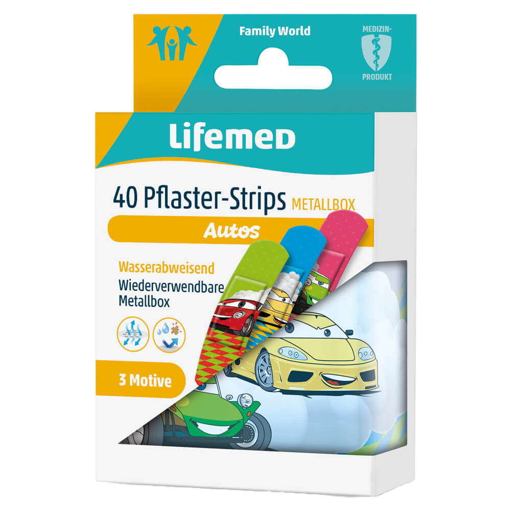 Lifemed® Kinderpflasterstreifen 40er Metallbox mit Auto-Motiv