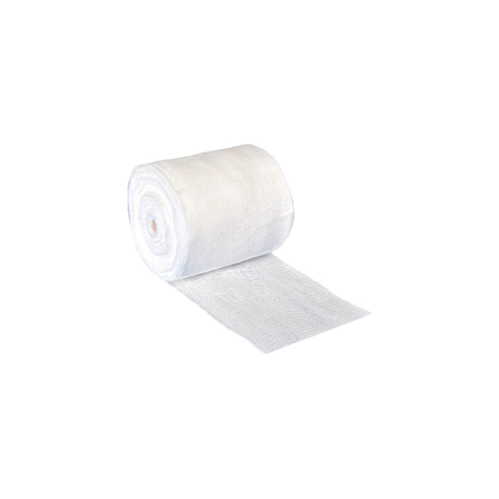 Sterile Verbandmull-Rolle aus weißem Mull, aufgerollt.