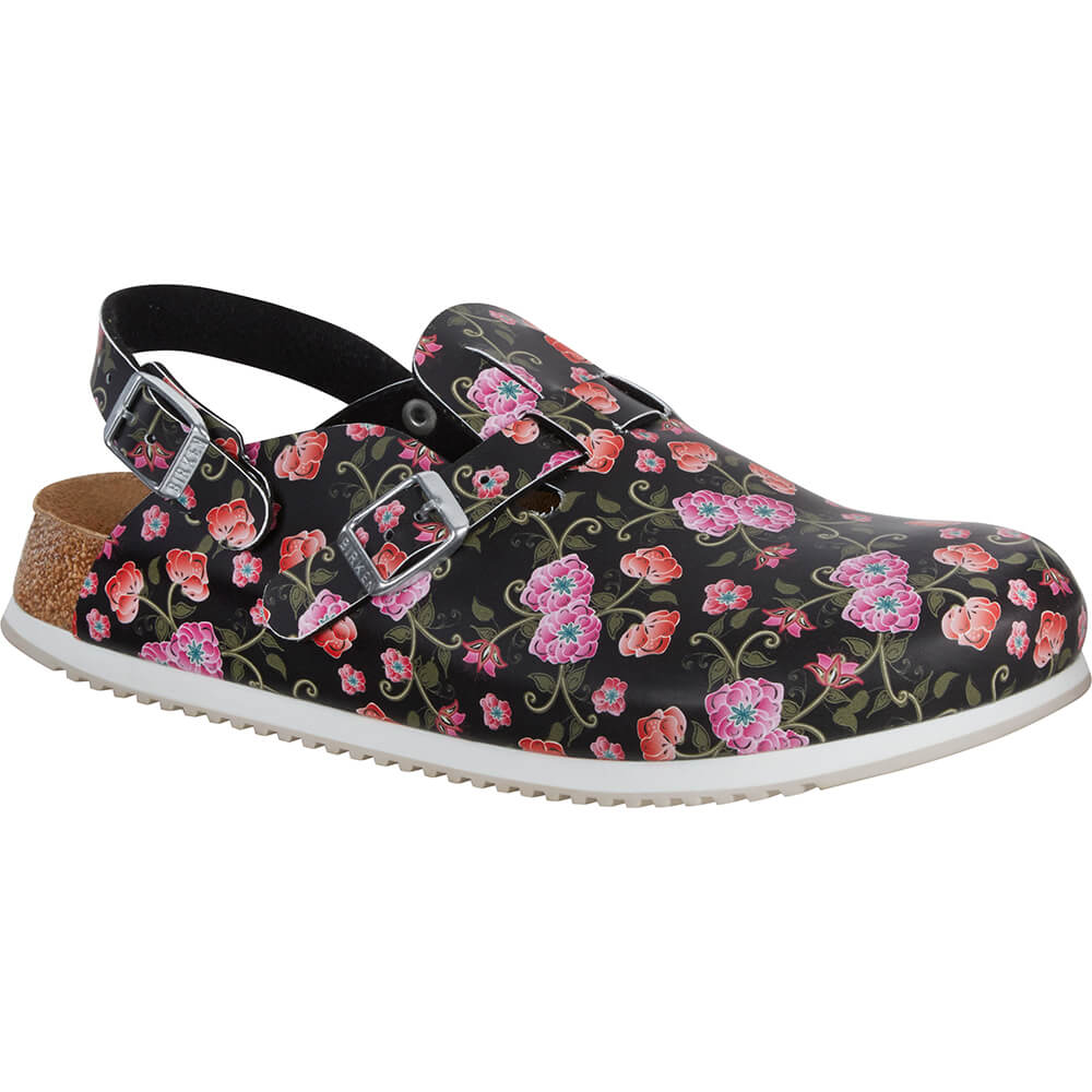 Birkenstock Clog Schwarz mit bunten Blumen, zwei Gurt-Schnallen vorne