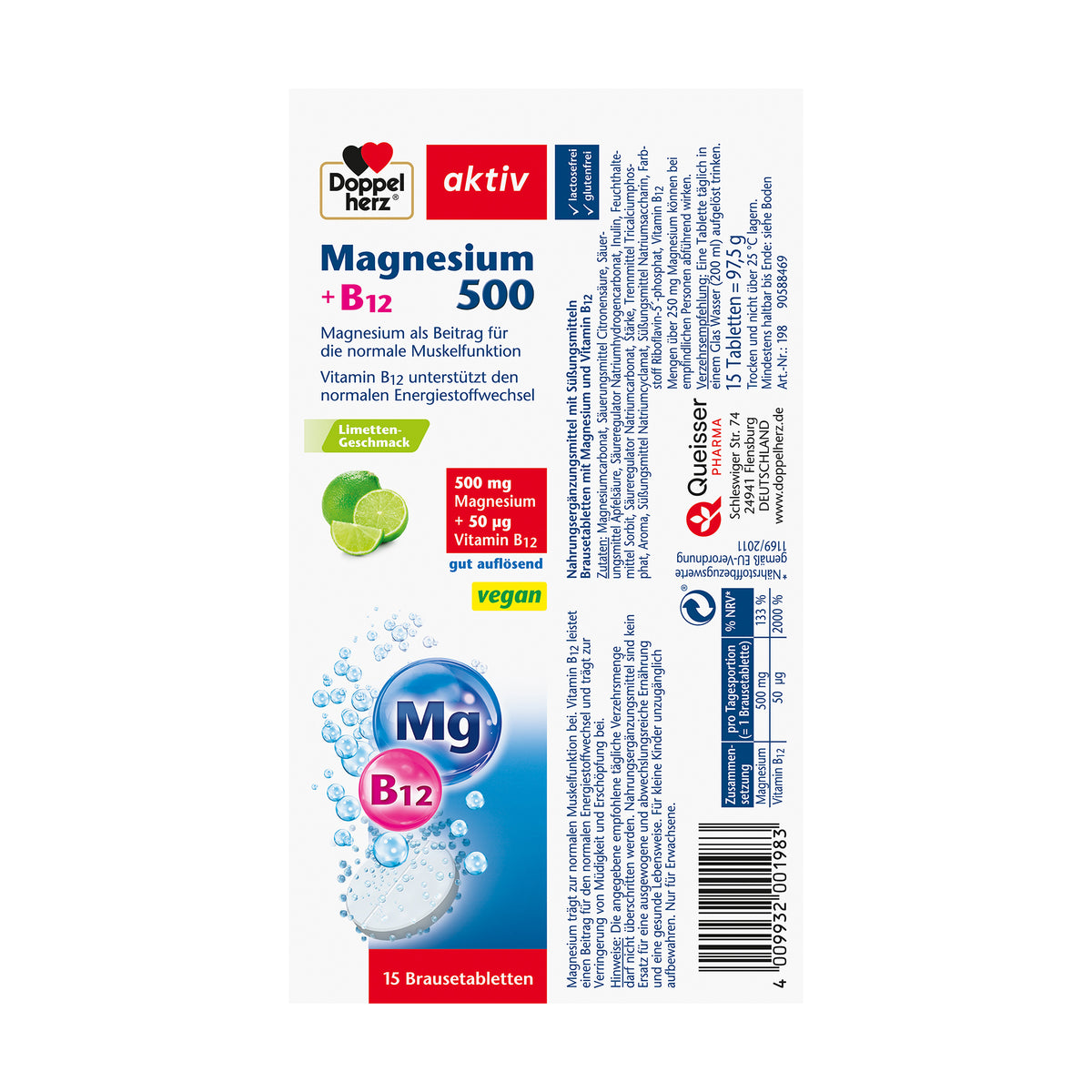 Tube-Rückseite: Magnesium 500 + B12 mit Angaben zu Wirkung und 15 Brausetabletten
