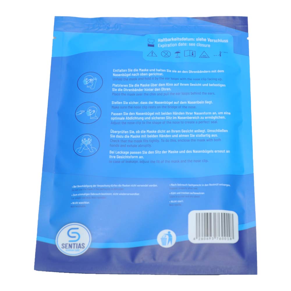 FFP2-Faltmaske in blauer Packung, Rückseite mit Anweisungen