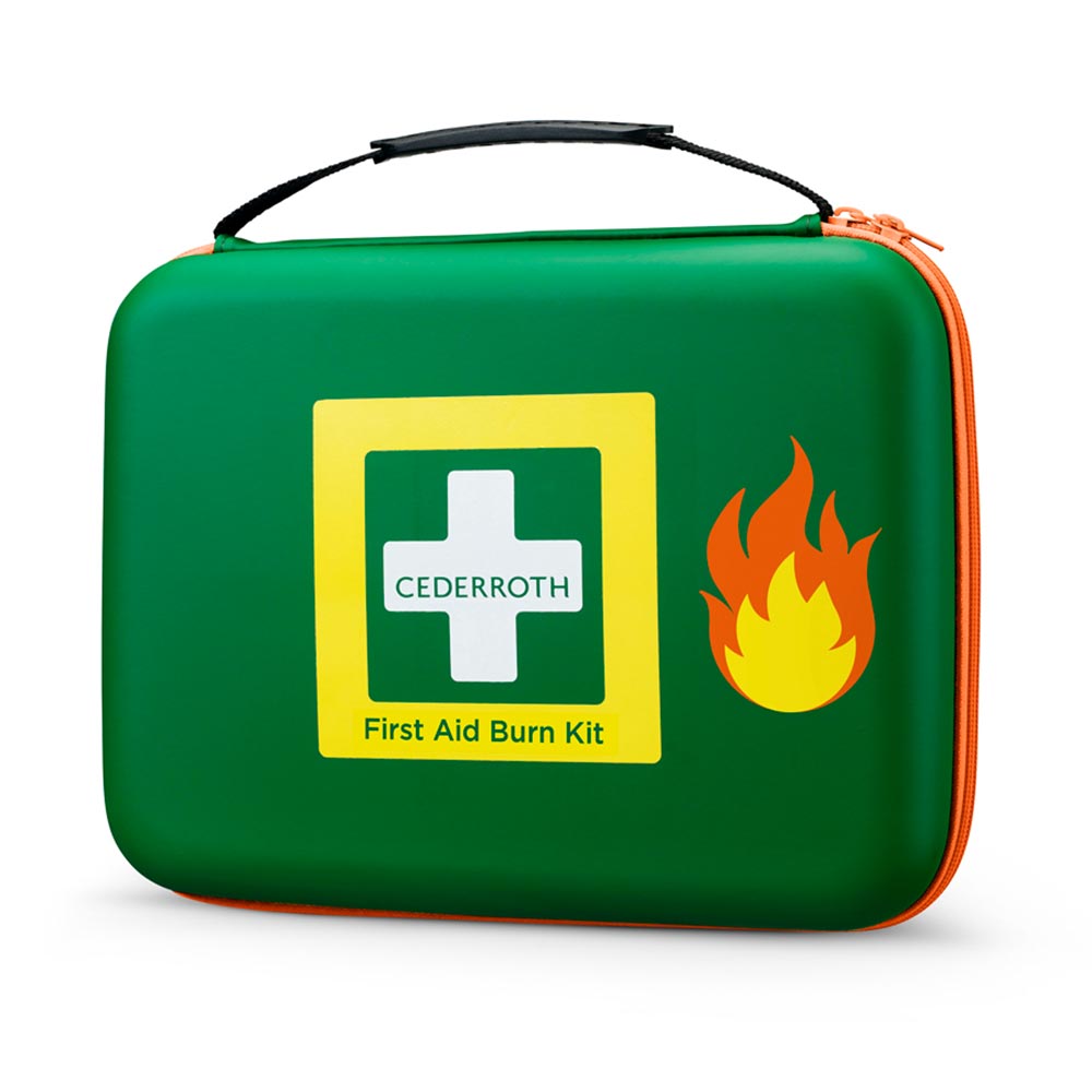 Cederroth Verbrennungskoffer mit grünem Gehäuse, orangefarbenem Reißverschluss und Flammen-Logo