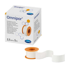 Hartmann Omnipor Fixierpflaster aus Vlies mit Verpackung, orange Rolle und weißem Streifen