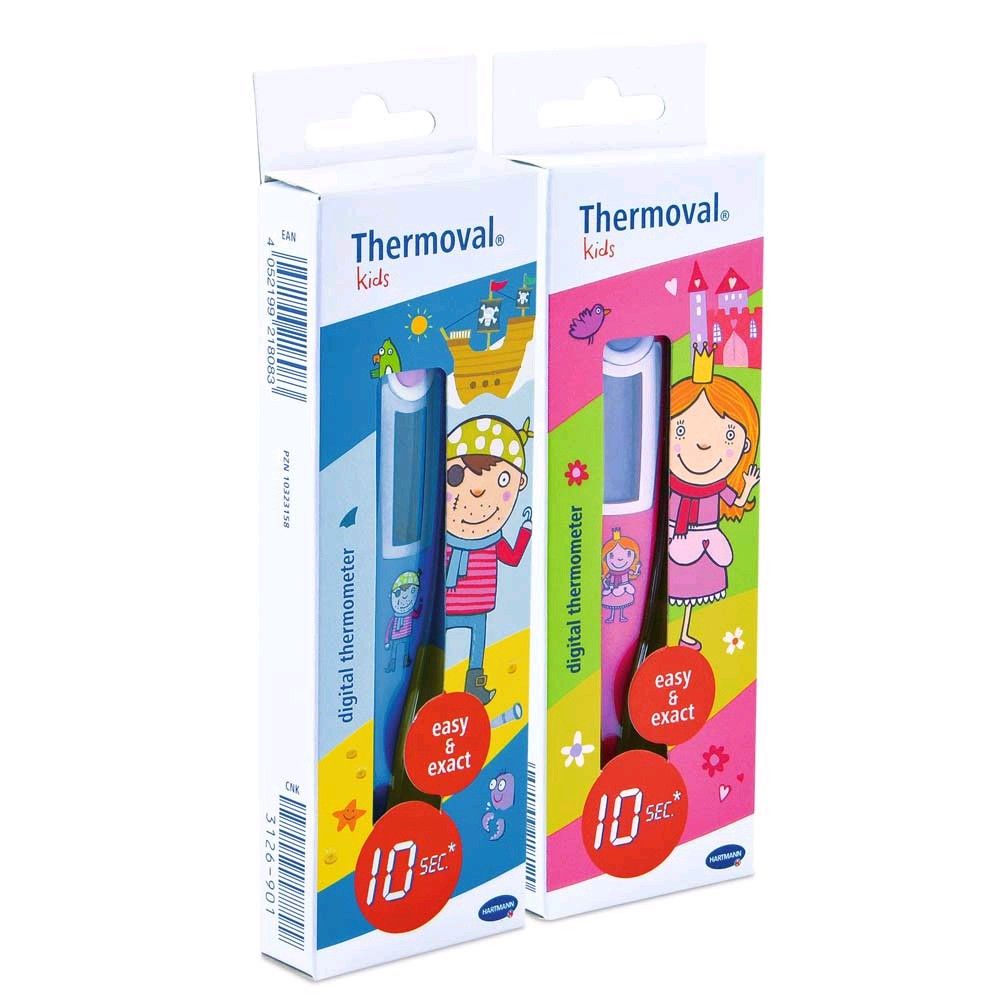 Zwei Thermoval Kids Digitalthermometer-Packungen, 10‑Sek.-Anzeige auf Vorderseite