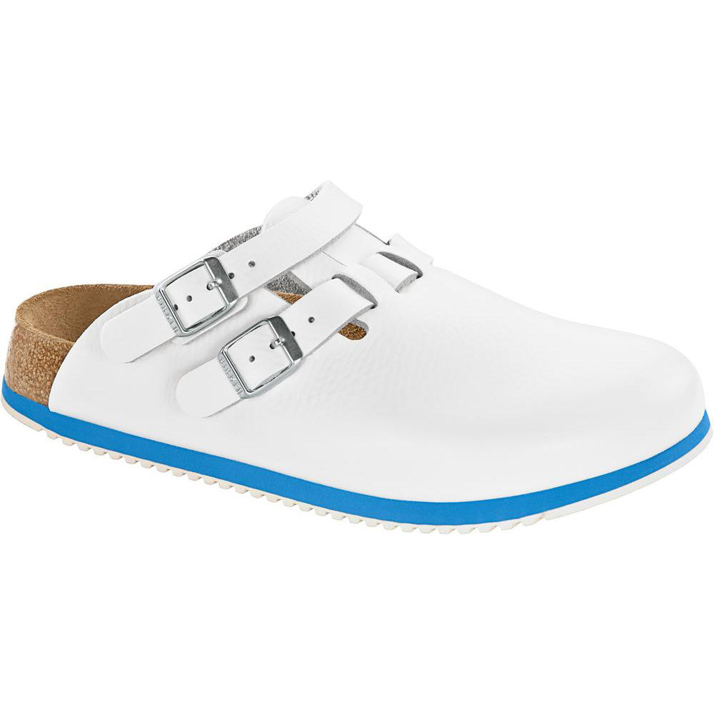 Birkenstock Kay SL Clog in Weiß mit zwei Riemen und Schnallen, blau gerandete Sohle