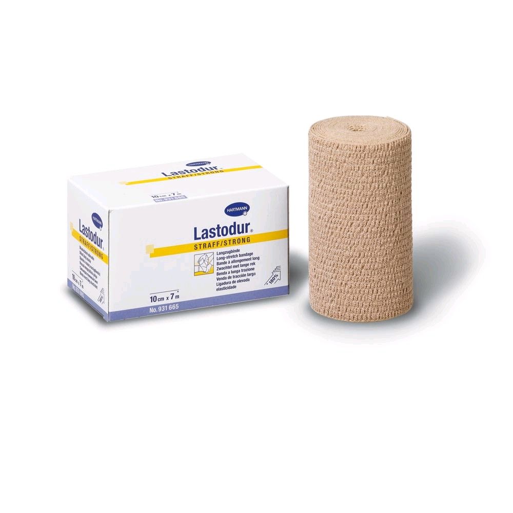 Lastodur® Langzugbinde straff: beiger Verband aufgerollt, mit Karton
