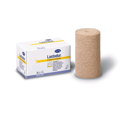 Lastodur® Langzugbinde straff: beiger Verband aufgerollt, mit Karton