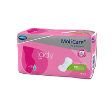 Slipeinlagen MoliCare® Premium Lady Pad, pinkfarbene Packung, Vorderansicht, 14 Stück