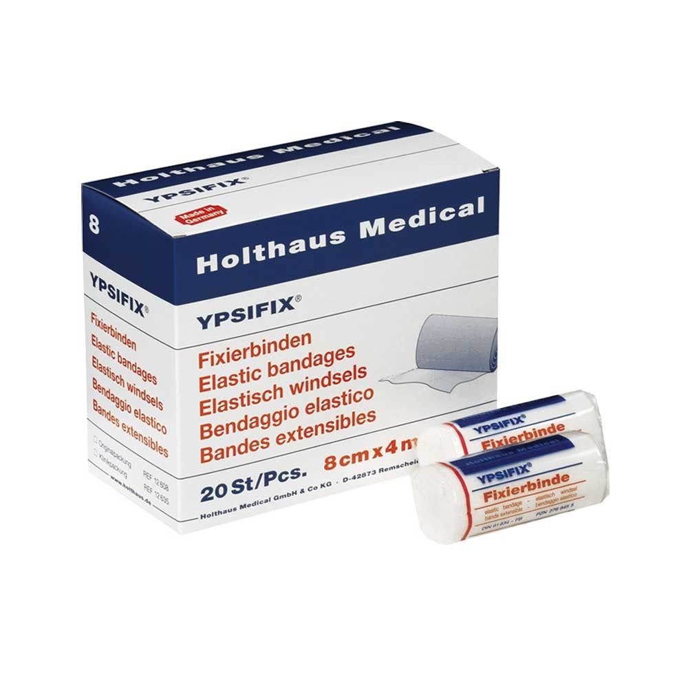 Karton und Rolle der YPSIFIX® Fixierbinde, elastisch; weiß mit blau/rot