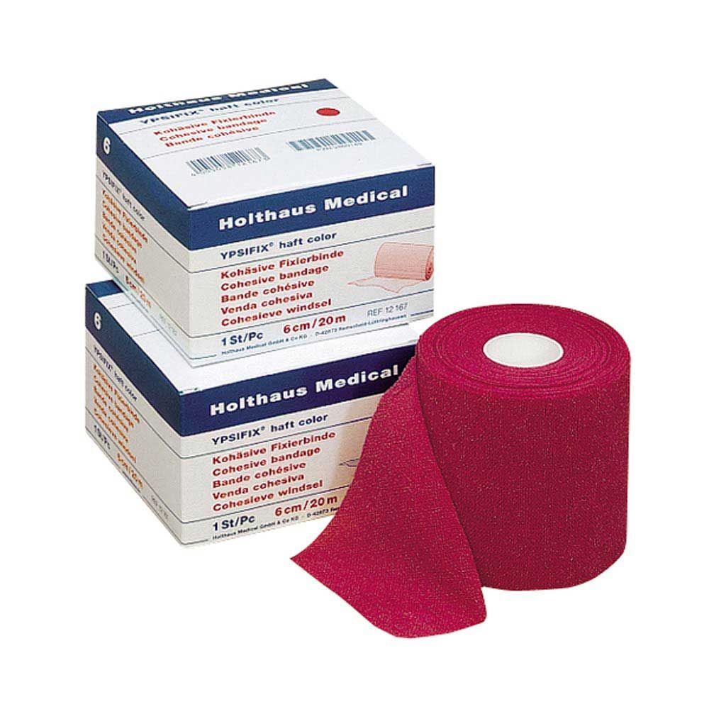 Haft-Fixierbinde YPSIFIX® in Pink, gerollte Binde neben bedruckter Verpackung