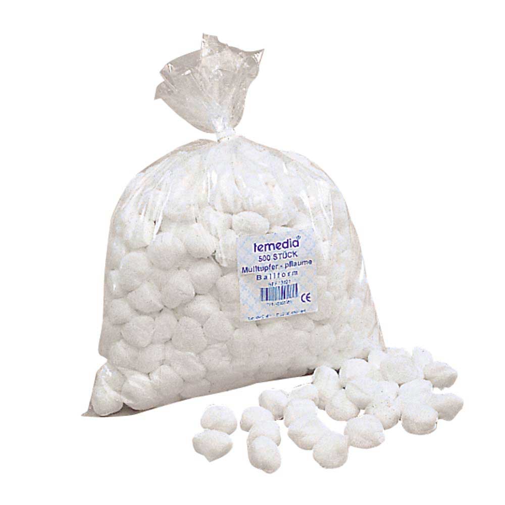 Unsterile Schlinggazetupfer, ballförmig, weiß; Beutel mit Temedia® Etikett und Tupfern