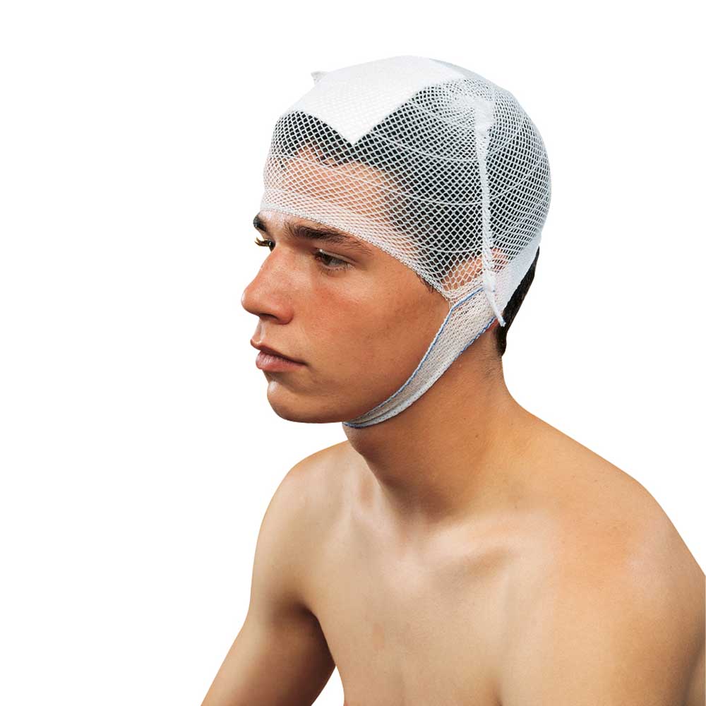 Kopfbandage aus weißem Netzgewebe, Maschennetz über Kopf und Stirn, seitlicher Rand