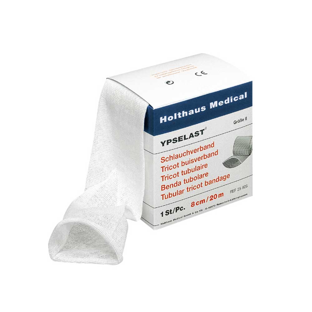 Holthaus Medical YPSELAST® Schlauchverband, weißes Schlauchverbandstück neben Karton