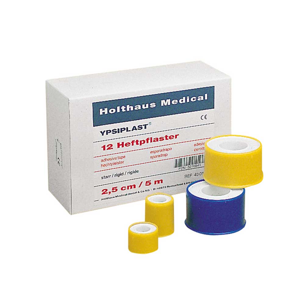 Heftpflaster YPSIPLAST®: Karton mit gelber sowie blauer Klebestreifen-Rolle
