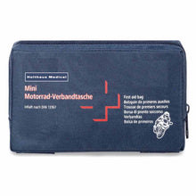 Mini Motorrad-Verbandtasche aus dunkelblauem Stoff mit Reißverschluss und Aufdruck