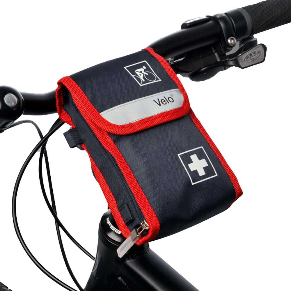 Befüllte Fahrradverbandtasche VELO® am Lenker, dunkelblau mit rotem Rand und weißem Plus