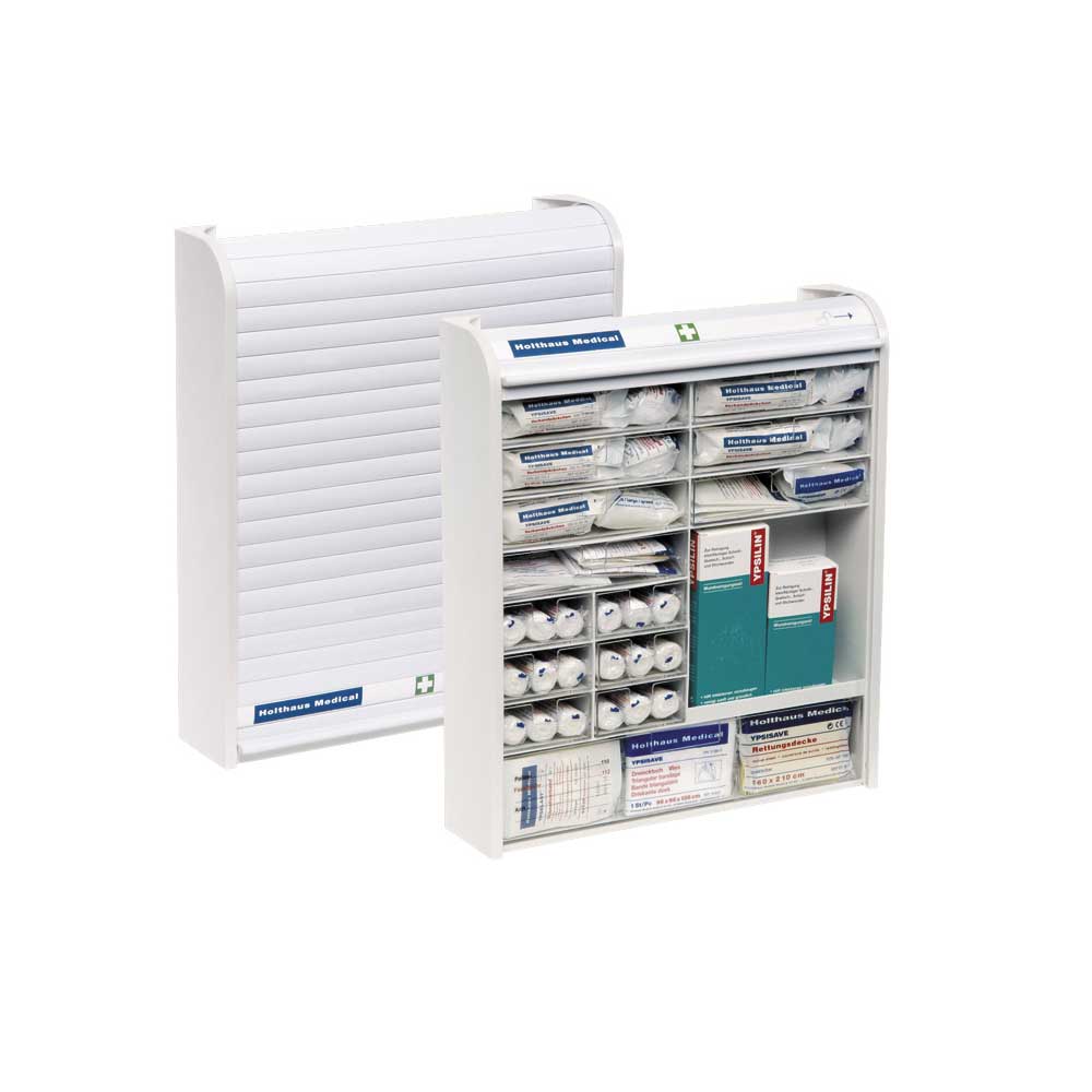 Rollmed® Verbandschrank, leer: Seitenansicht der Front mit Regalen und Nachfüllbereich