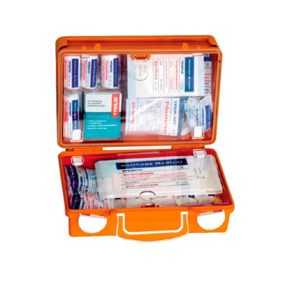 Orangefarbener Erste-Hilfe-Koffer Holthaus Medical QUICK, offen mit Innenfächern