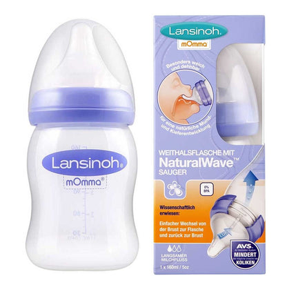 Lansinoh mOmma Weithalsflasche mit NaturalWave™ Sauger und Originalverpackung