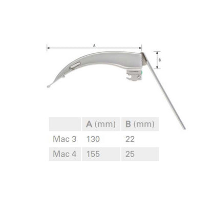 McCoy-Laryngoskopspatel von Luxamed mit Maßangaben A/B, Lichtleiter-Spatel