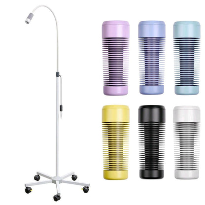 LED-Untersuchungsleuchte mit Rollstativ und austauschbaren Farbkappen (gelb, weiß, blau, flieder)