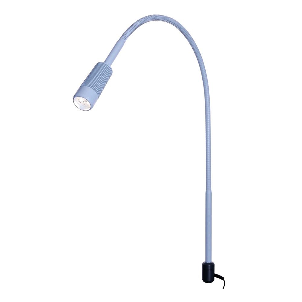 LED-Untersuchungsleuchte in Blau mit gebogenem Schwanenhals und runder Lichtspitze