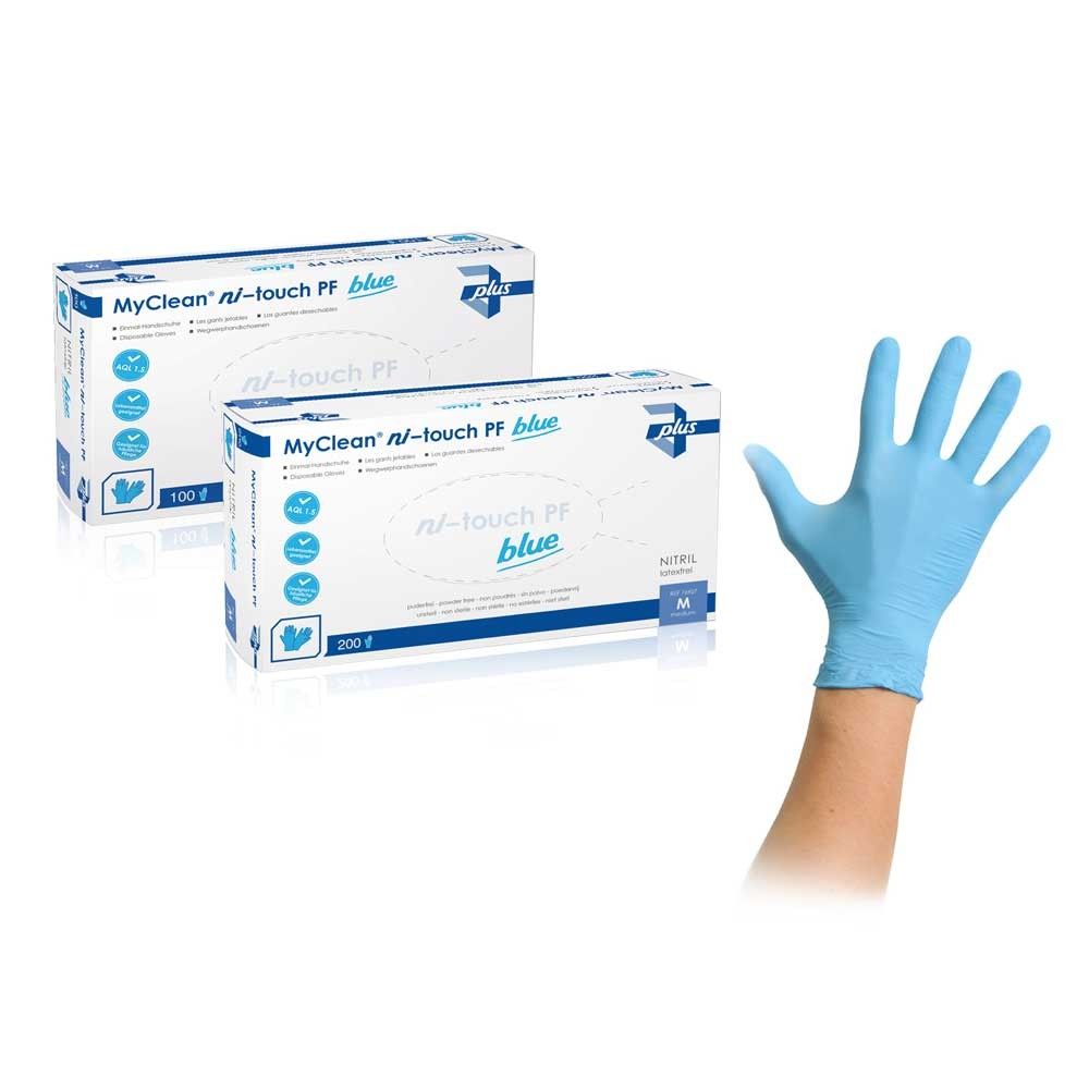 Puderfreie MyClean® Nitrilhandschuhe in Blau, Handschuh an Hand, Packung