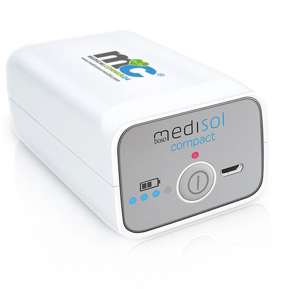 Mobiler Tiefeninhalator medisol compact in Weiß, mit Display, Ein/Aus-Taste und USB-Port