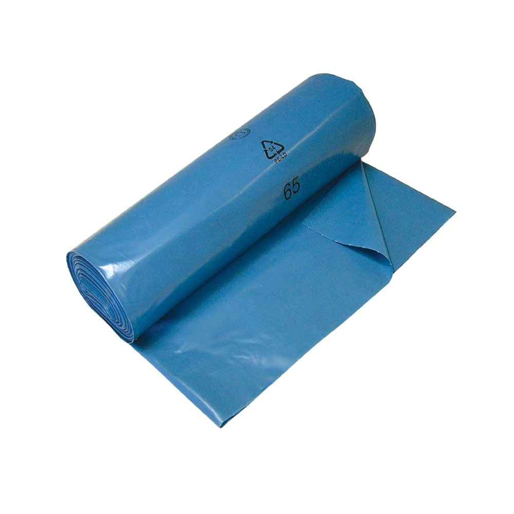 Blaue Müllbeutel aus Hochdruck-PE aufgerollt, daneben ein ausgelegter Beutel