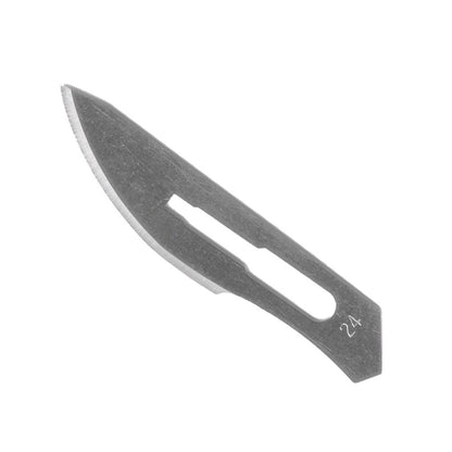 Sterile Einmal-Skalpellklinge aus Carbonstahl, dunkelgrau, mit ovaler Aussparung und eingravierter Nummer.