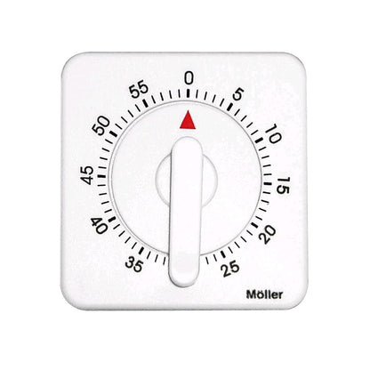 Mechanischer Kurzzeitmesser mit weißem Gehäuse, Skala 0–55 Min, rote Markierung, Möller