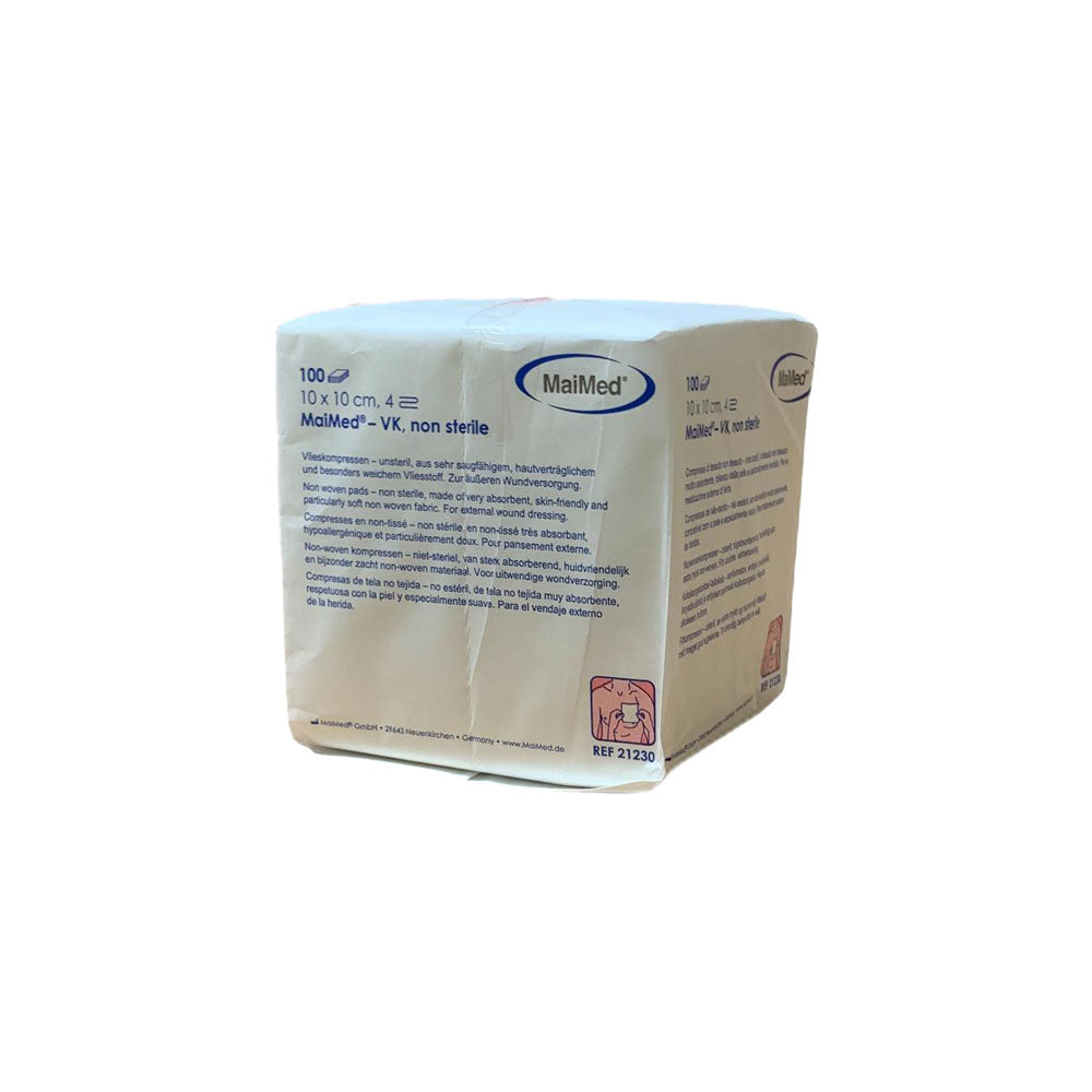 4-fach Vlieskompressen 10×10 cm, unsteril, weiß, Rückseitenaufdruck