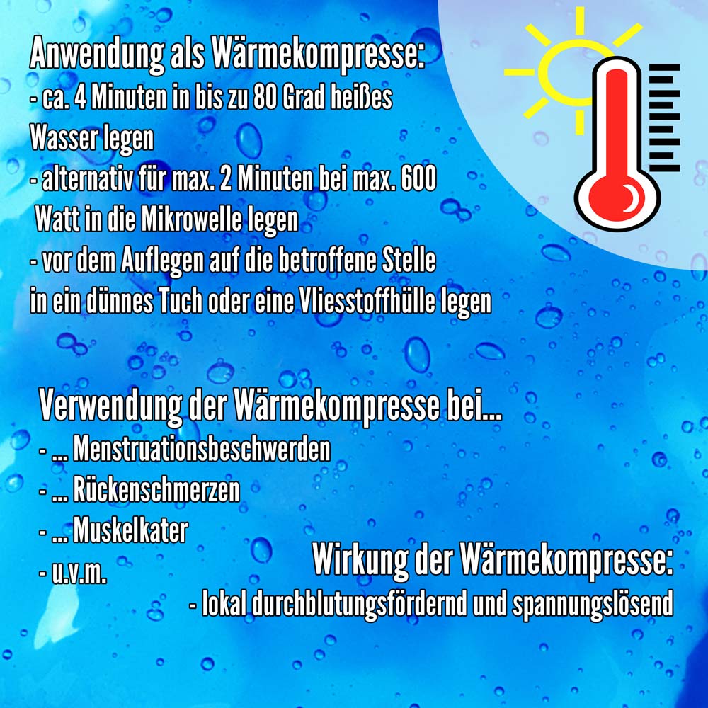 Wärmekompressen-Anwendungsinfografik: bis 80 °C (ca. 4 Min), Mikrowelle, Wasser