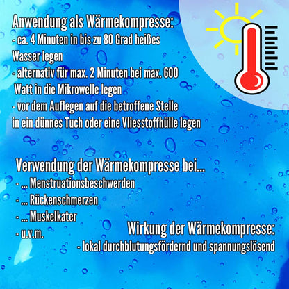 Wärmekompressen-Anwendungsinfografik: bis 80 °C (ca. 4 Min), Mikrowelle, Wasser