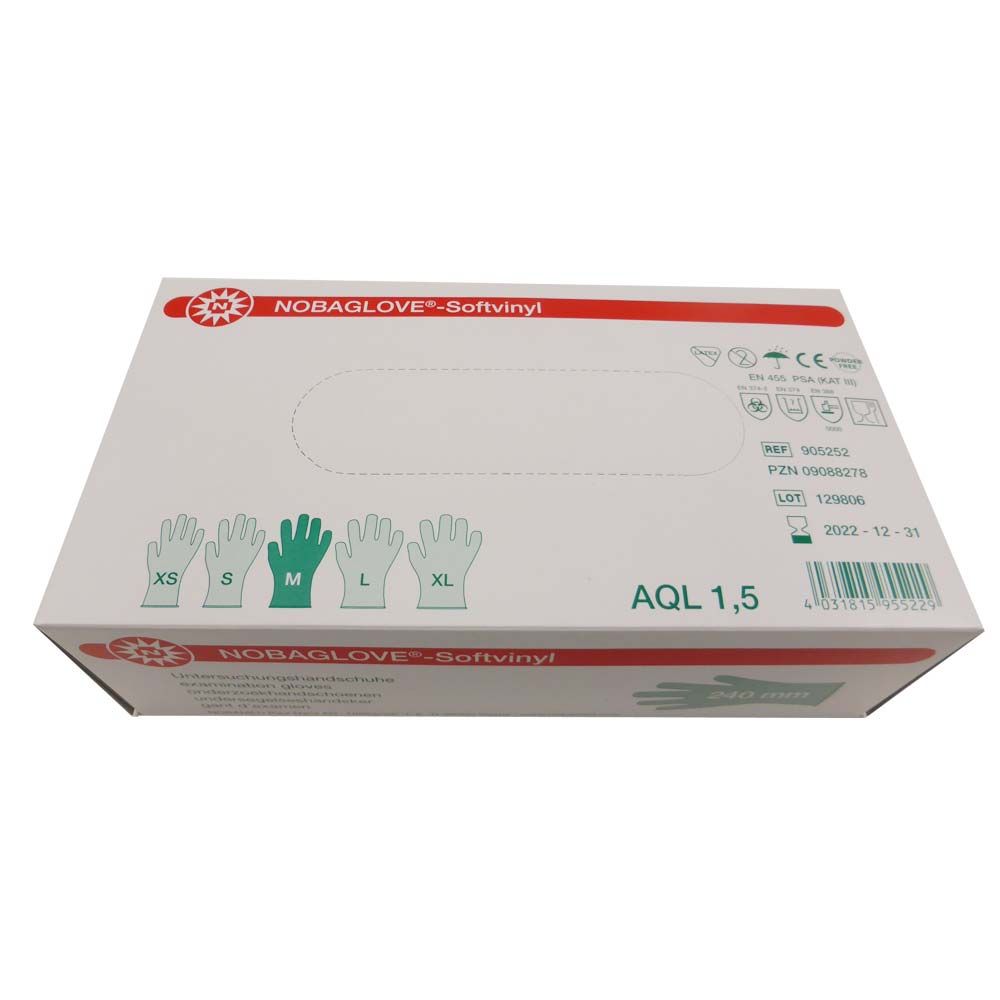 Einmal-Handschuhbox NOBAGLOVE®-Softvinyl mit Größen XS–XL und Sicherheitskennzeichnungen.