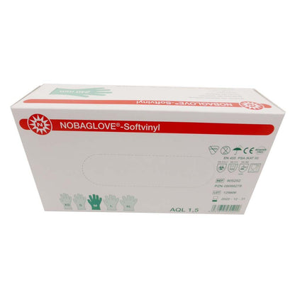 Einmal-Handschuhbox NOBAGLOVE®-Softvinyl mit Größen XS–XL, AQL 1,5 und Prüfzeichen.