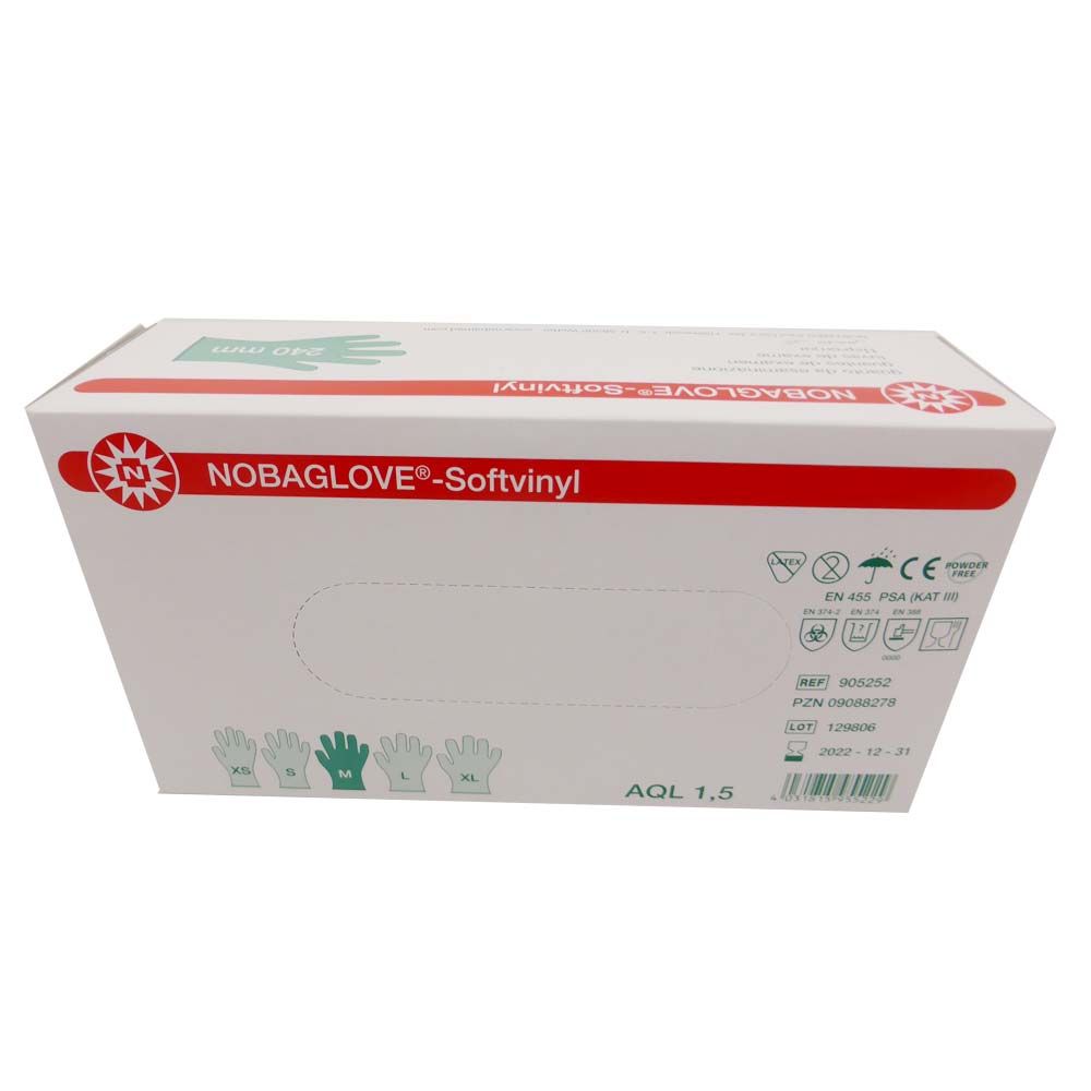 Einmal-Handschuhbox NOBAGLOVE®-Softvinyl mit Größen XS–XL und CE-/Schutzkennzeichen.