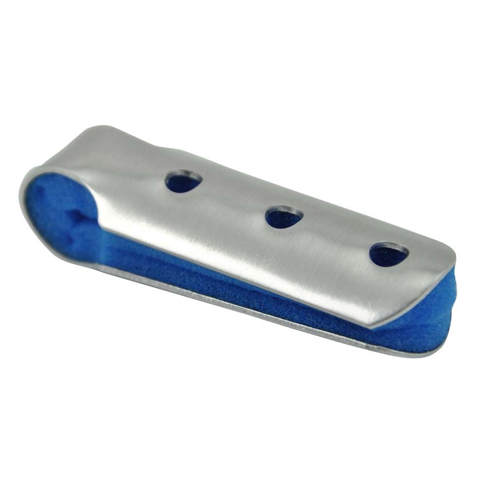 Geschlossene Fingerschiene mit silbergrauer Schale und blauer Unterpolsterung, 3 Öffnungen