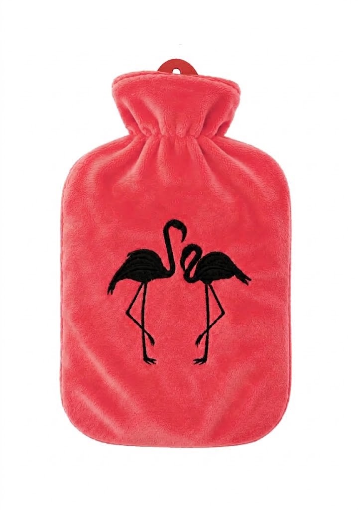 Sänger 2,0-L-Wärmflasche, korallfarben mit Flauschbezug und Flamingo-Motiv