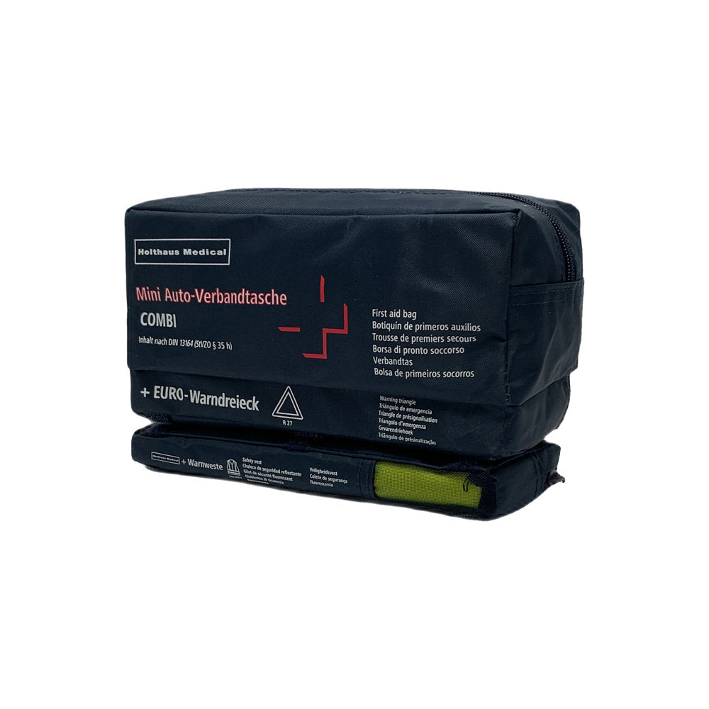 Mini Auto-Verbandtasche COMBI, dunkelblau, Front mit Aufdruck „+ EURO-Warndreieck“
