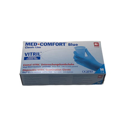 Verpackung blauer Einmal-Vitrilhandschuhe aus Vitril, puderfrei