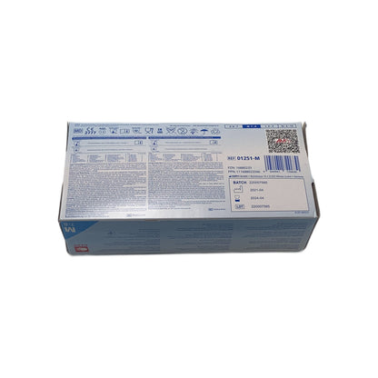 Rückseite der Verpackung blauer Einmal-Vitrilhandschuhe mit Barcode und Angaben