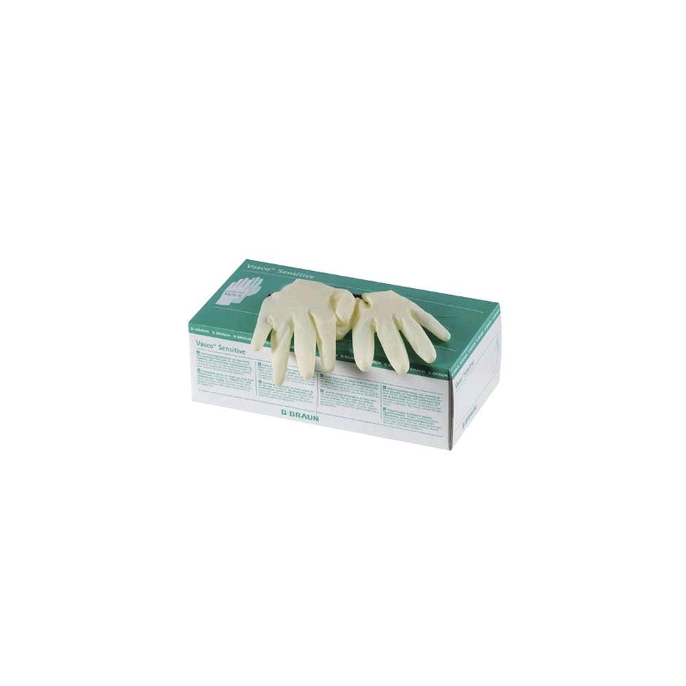 Packung puderfreier Naturlatex-Handschuhe, beige Handschuhe oben aufgedruckt