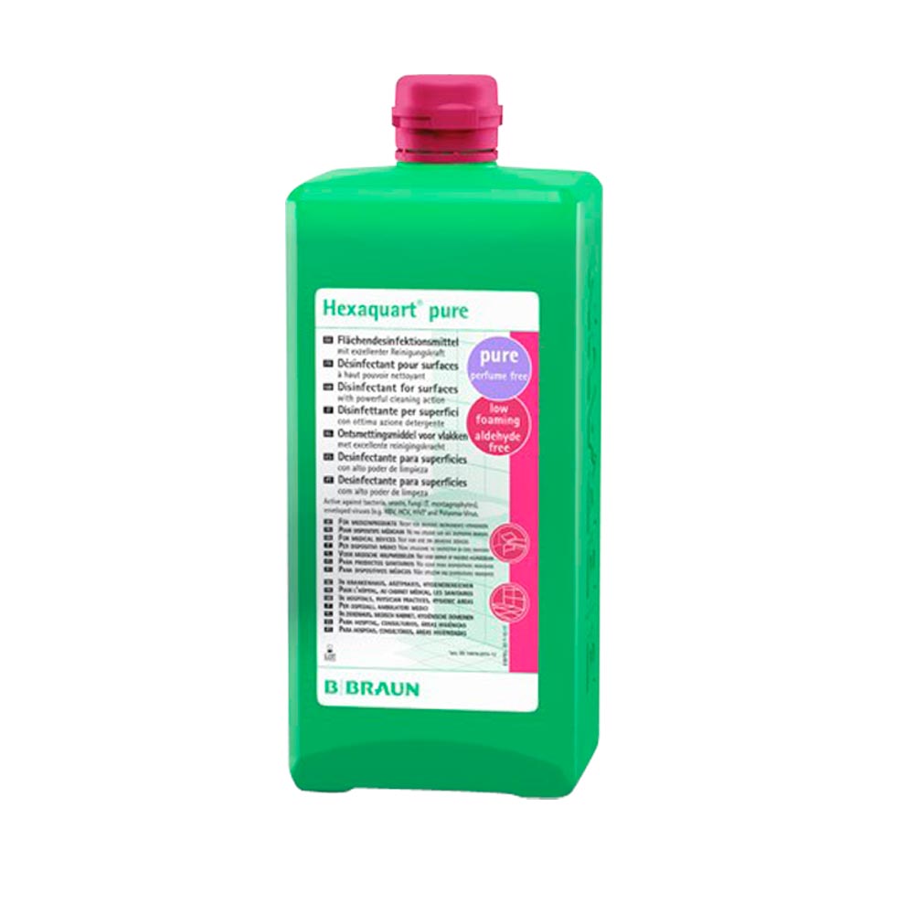Flächendesinfektionsmittel in grüner Flasche mit pinkem Deckel und Etikett