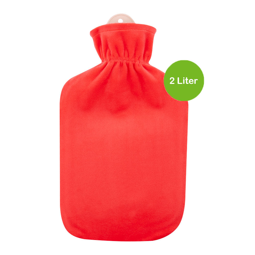 2‑Liter‑Wärmflasche in Koralle mit Flauschbezug, glatte Vorderansicht